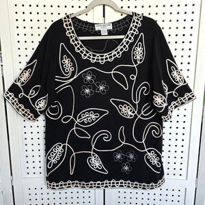Lauren Michelle Black Stretch Knit Embroidered Embellished Top Womens SIZE 1X